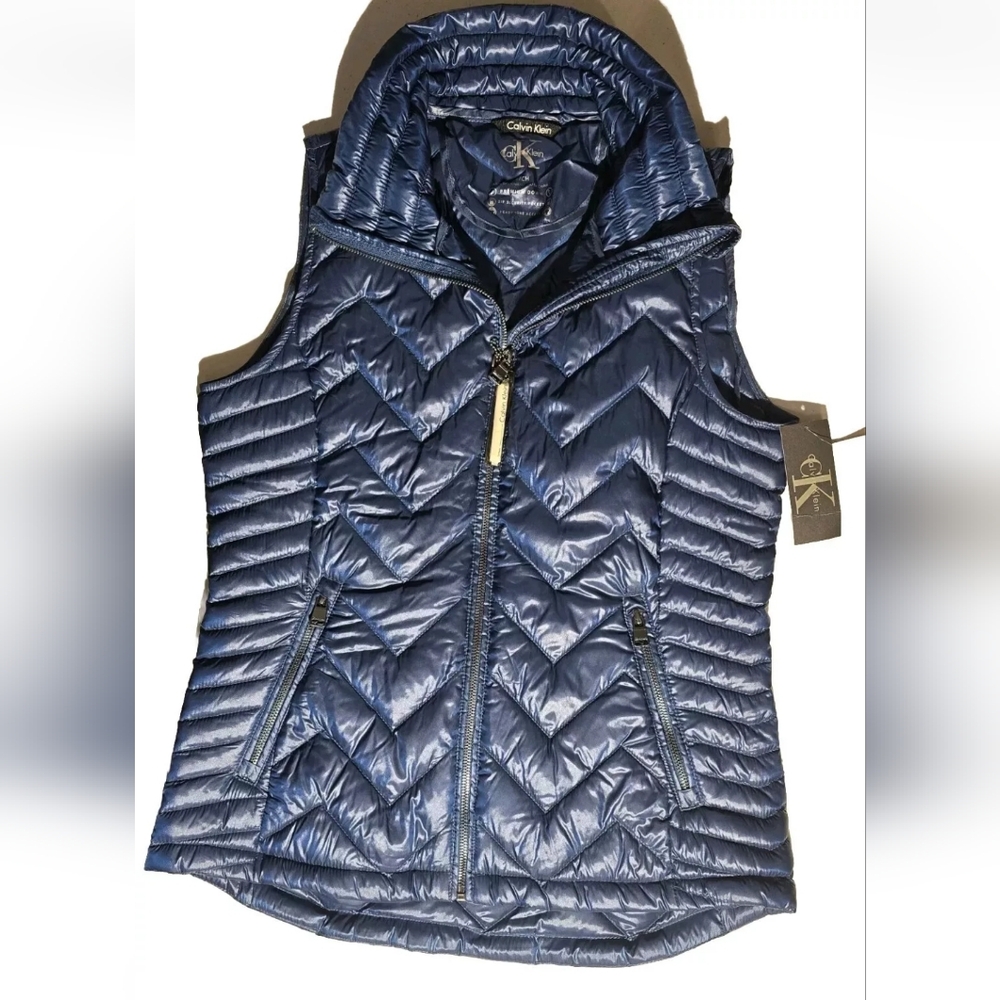 Calvin Klein Premium Down Womens Blue Full Zip Collared Vest Size Small NWT